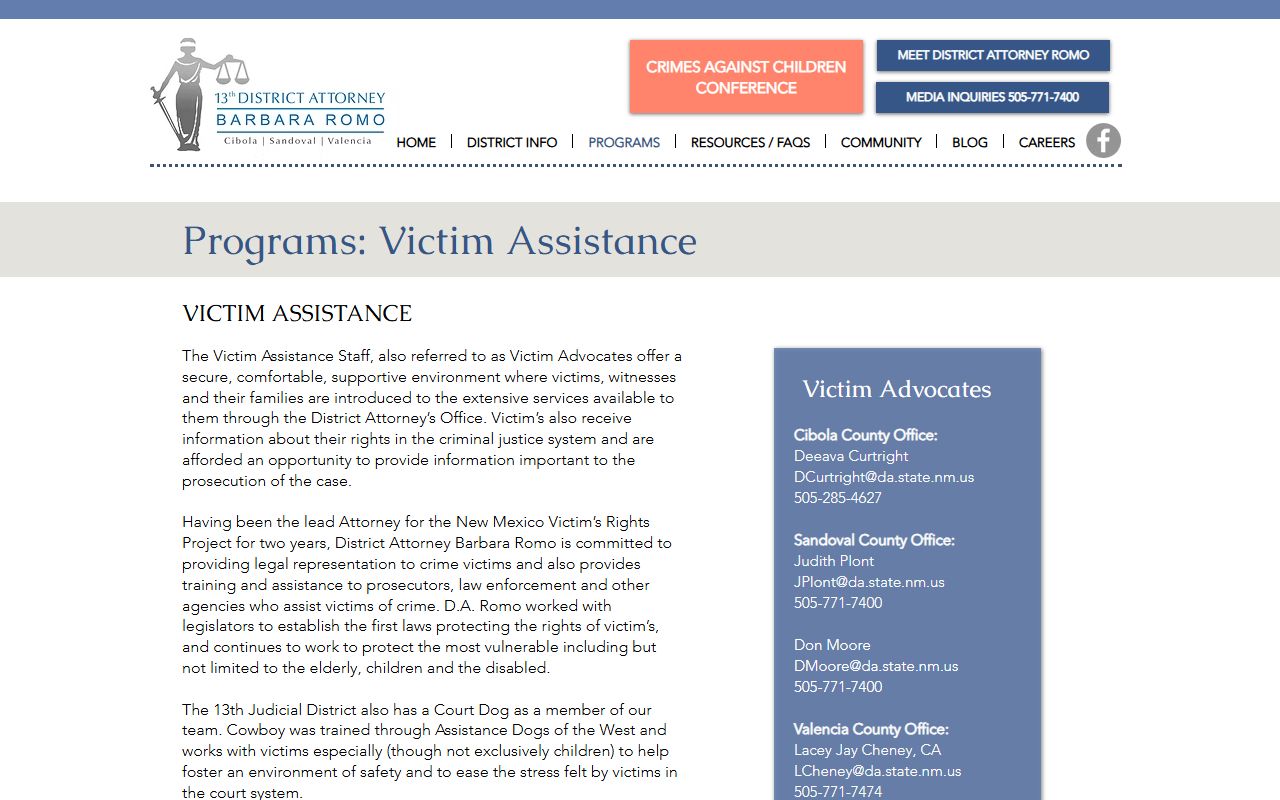 Thirteenth Judicial District Attorney victim assistance page for Cibola County cases