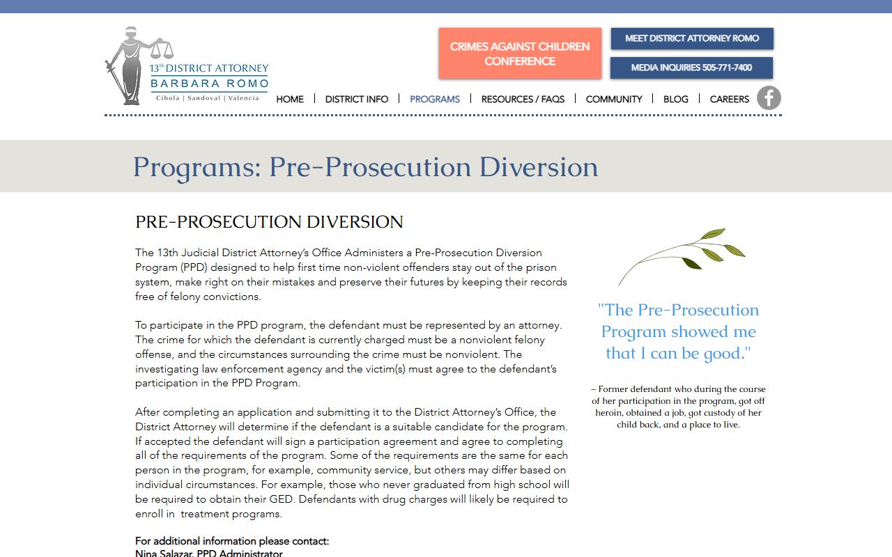 Thirteenth Judicial District Attorney pre-prosecution diversion page for Cibola County charges