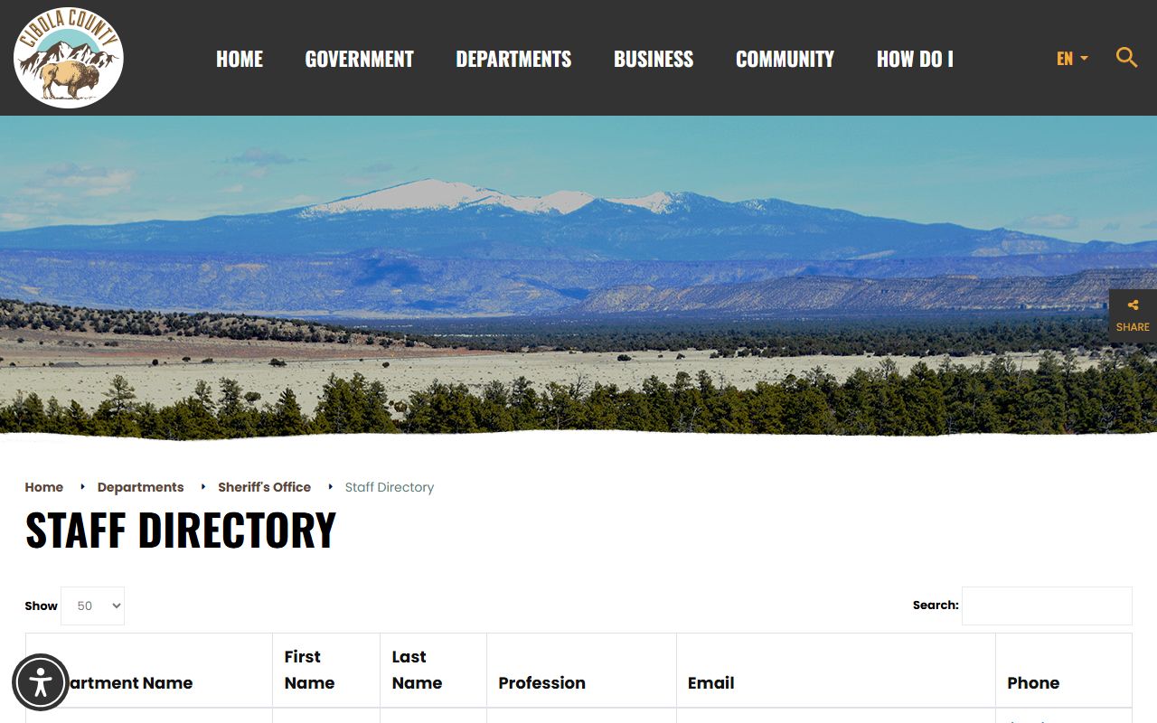 Cibola County Sheriff's Office staff directory with sheriff and records contacts