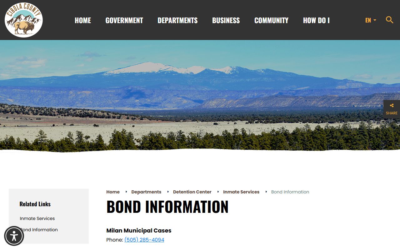 Cibola County bond information page listing court contacts for hearings and cases