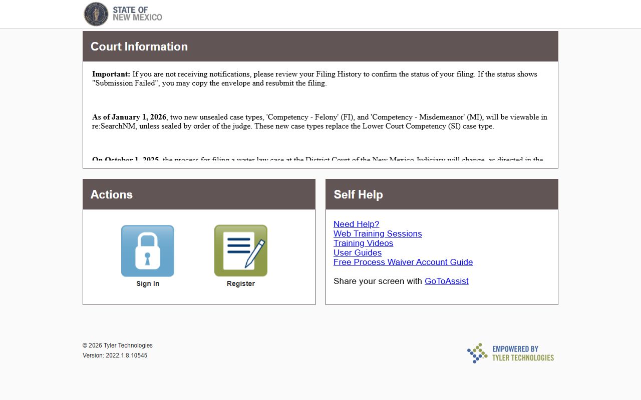 Odyssey File and Serve access page for New Mexico court filing