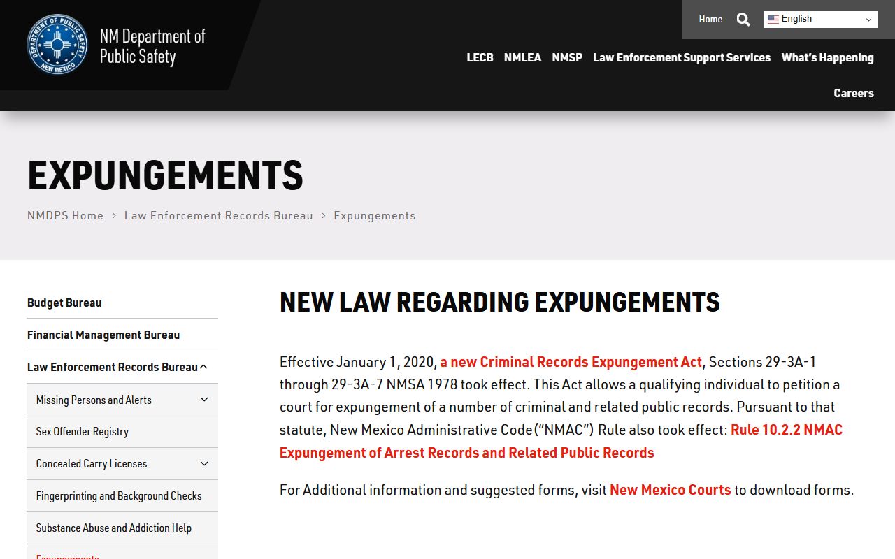 New Mexico DPS expungement information for criminal court records