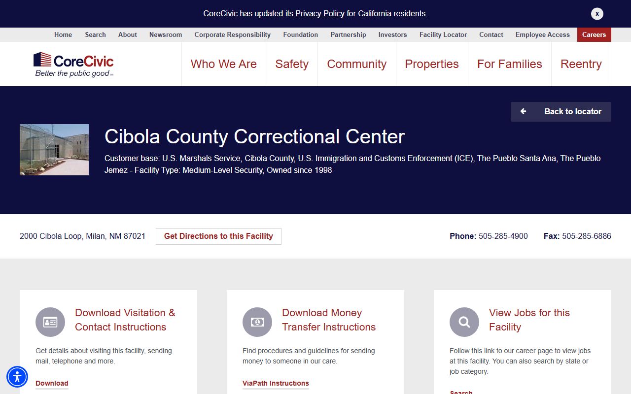 Cibola County inmate records CoreCivic correctional center source