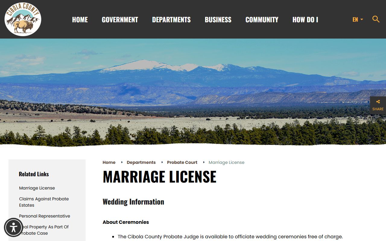 Cibola County Probate Court marriage ceremony information